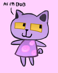  animal_crossing anthro bob_(animal_crossing) bobcat clothing domestic_cat felid feline felis fur lynx male mammal nintendo purple_body purple_clothing purple_fur simple_background sleepykaard smile solo square_eyes text yellow_eyes 