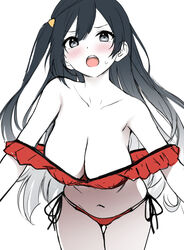  bikini black_hair blush breasts cleavage collarbone comic_lo commentary_request female grey_eyes large_breasts long_hair love_live! love_live!_nijigasaki_high_school_idol_club off-shoulder_bikini off_shoulder one_side_up open_mouth red_bikini sankuro_(agoitei) solo sweat swimsuit unfinished yuki_setsuna_(love_live!) 