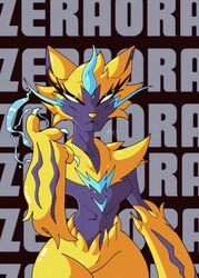  anthro black_body breasts claws electricity facial_hair felid female fur generation_7_pokemon hi_res legendary_pokemon looking_at_viewer mammal moustache multicolored_body nintendo pokemon pokemon_(species) rentressy small_waist solo white_eyes yellow_body yellow_fur yellow_nose zeraora 