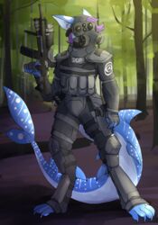  absurd_res anthro armor big_tail blue_body blue_skin body_armor carpet_shark combat_armor female fish forest forest_background gas_mask gun hair hi_res ketzel99 looking_aside marine mask mobile_task_force mobile_task_force_eta-10 nature nature_background night_vision_goggles plant purple_hair ranged_weapon rigel_(1stsavagery) scp_foundation shark solo tactical_gear tail thick_tail tree weapon whale_shark white_body white_skin 