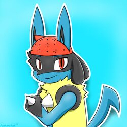  1:1 2019 absurd_res anthro black_body black_fur blue_background blue_body blue_fur clothing cosplay digital_media_(artwork) fur generation_4_pokemon headkerchief hi_res kerchief looking_at_viewer lucario male meme nintendo outline pankanchan pattern_headkerchief pattern_kerchief pokemon pokemon_(species) pose real_world red_headkerchief red_kerchief ricardo_dancin&#039; ricardo_milos simple_background smile solo spikes standing yellow_body yellow_fur 