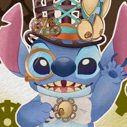  1:1 alien alternative_fashion blue_body blue_fur bow_(feature) claws clothing decorated_bow disney disney_parks experiment_(lilo_and_stitch) fur gesture hat headgear headwear hi_res lilo_and_stitch male open_mouth open_smile pawpads romu semi-anthro sharp_teeth smile solo steampunk stitch_(lilo_and_stitch) teeth tokyo_disneyland tongue waving 