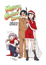  2022 2boys androgynous animal_costume animal_ears black_hair blunt_bangs boots braid braided_hair_rings breasts chicken_(food) christmas commentary_request crop_top crossdressing deer_ears dress female food fried_chicken full_body hair_rings highres merry_christmas multiple_boys nanakusa_nazuna_(yofukashi_no_uta) navel reindeer_costume sagawa_haruka santa_dress shorts sleeveless sleeveless_turtleneck squatting standing suzushiro_hatsuka thigh_boots thighhighs turtleneck white_background yamori_kou yofukashi_no_uta 