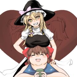  2girls black_headwear black_vest blonde_hair blue_one-piece_swimsuit blush bow braid breast_rest breasts breasts_on_head brown_hair candy chocolate closed_eyes commentary_request cookie_(touhou) cup fat food grin hair_between_eyes hair_tubes hakurei_reimu hat hat_bow heart heart-shaped_chocolate highres holding holding_cup kirisame_marisa large_breasts long_hair looking_at_viewer multiple_girls okasan01 one-piece_swimsuit open_mouth puffy_short_sleeves puffy_sleeves purple_bow red_bow reu_(cookie) shirt short_sleeves side_braid single_braid smile swimsuit touhou upper_body uzuki_(cookie) vest white_background white_shirt witch_hat yellow_eyes yunomi 