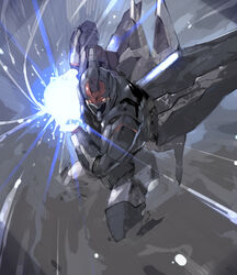  agovitch bad_id bad_twitter_id dust dust_cloud emphasis_lines energy energy_ball glowing glowing_eyes highres lens_flare lens_flare_abuse mecha no_humans robot smoke stance weltall xenogears 