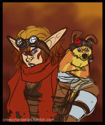  alternate_species alternate_universe black_border blue_eyes border creep_(artist) daxter digital_media_(artwork) duo eyewear feral goggles grumpy hair humanoid jak_(jak_and_daxter) jak_and_daxter male mammal mustelid naughty_dog ottsel pose red_hair scarf sony_corporation sony_interactive_entertainment 