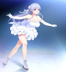  :d akino_subaru bare_legs breasts cleavage collarbone dress elbow_gloves female floating_hair flower full_body game_cg gin&#039;iro_haruka gloves grey_hair hair_between_eyes hair_flower hair_ornament hair_ribbon highres ice_skates ice_skating kisaragi_mizuha large_breasts layered_dress long_hair outstretched_arms pink_flower purple_eyes ribbon short_dress skates skating smile solo strapless strapless_dress very_long_hair white_dress white_footwear white_gloves white_ribbon 