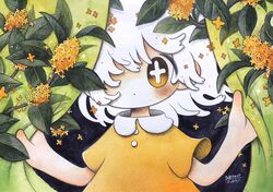  +_+ black_background blush bright_pupils commentary curtains dated dress female flower gold_osmanthus green_curtains hair_over_one_eye hands_up highres leaf medium_hair orange_dress orange_eyes orange_flower original osmanthus plant signature solo upper_body white_hair white_pupils zukky000 