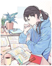  black_hair blue_hoodie book brown_eyes candy clock coffee cup disposable_coffee_cup disposable_cup elbows_on_table female flash_cards food hair_ornament hair_scrunchie hairclip highres holding holding_pen hood hoodie indoors keiko_(um7mr1) long_hair looking_down notebook open_book original pen pencil plant ponytail potted_plant profile scrunchie serious sitting solo studying table white_background 