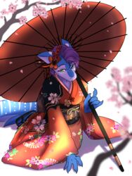  3:4 absurd_res asian_clothing big_tail black_clothing black_kimono blue_body blue_skin breasts carpet_shark cherry_tree clothing east_asian_clothing female fish flower flower_kimono fruit_tree green_eyes hair hi_res japanese_clothing ketzel99 kimono looking_down marine orange_clothing orange_kimono plant purple_hair rigel_(1stsavagery) shark solo tail tree umbrella wagasa whale_shark white_body white_skin 