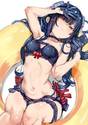  anette_(pso2) bikini black_bikini black_gloves black_hair blunt_bangs blush breasts choker female gloves hair_ornament half_gloves headgear highres innertube long_hair morikawa_(futomayu) one_eye_closed phantasy_star phantasy_star_online_2 red_eyes shading_eyes simple_background small_breasts solo stomach swim_ring swimsuit thigh_strap twintails white_background 