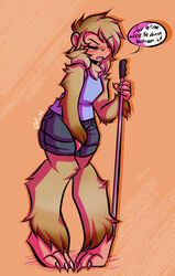  anthro big_ears blind bottomwear cane closed_eyes clothing desperation disability female fluffy fur hand_on_crotch haplorhine hi_res japanese_macaque macaque mammal monkey old_world_monkey primate shirt shorts solo speech_bubble sweet_madeline tan_body tan_fur tank_top topwear white_cane 