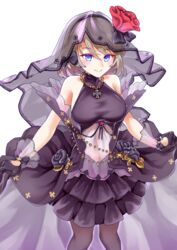  absurdres azur_lane bad_id bad_pixiv_id bare_shoulders black_dress black_gloves black_pantyhose blue_eyes bow breasts bridal_veil brown_hair commentary_request cross dress female flower frilled_skirt frills gloves hair_ribbon hairbow highres iron_cross large_breasts looking_at_viewer official_alternate_costume pantyhose red_flower red_rose ribbon rose short_hair simple_background skirt smile solo take_yaki turtleneck turtleneck_dress veil wedding_dress white_background z23_(azur_lane) z23_(schwarze_hochzeit)_(azur_lane) 