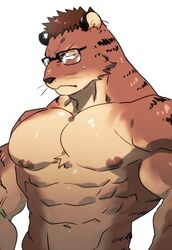  abs alternate_species anthro blush bodily_fluids eyewear felid glasses hair interspecies kazumichi_irie kyur4_th_ich male mammal muscular muscular_anthro muscular_male nipples pantherine pecs psycho_pass solo tiger 