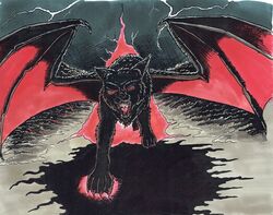  ambiguous_gender canid canid_demon canine canis dark demon detailed_background fangs_bared fantasy feral hellhound imposing lightining mammal mythological_canine mythological_creature mythology nyghtmar3 solo supernatural traditional_media_(artwork) wings wolf 