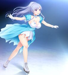  :d akino_subaru blue_background blue_choker blue_sleeves breasts choker cleavage collarbone detached_sleeves dress female floating_hair full_body fur-trimmed_gloves fur_trim game_cg gin&#039;iro_haruka gloves grey_hair hair_between_eyes hair_ornament highres ice_skating kisaragi_mizuha large_breasts long_hair overskirt ponytail purple_eyes short_dress short_sleeves skating smile snowflake_choker solo strapless strapless_dress very_long_hair white_dress white_footwear white_gloves 