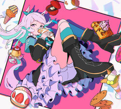  amepa_(ame_pinecandy) animal_ears aqua_socks armband black_coat black_footwear bloomers boots bow cantaloupe cherry chocolate_chip_cookie chocolate_syrup chromatic_aberration coat cookie crepe cupcake doughnut ear_bow eating female food fruit high_heel_boots high_heels highres holding holding_food horse_ears horse_girl horse_tail ice_cream ice_cream_cone long_hair long_sleeves looking_at_viewer maritozzo mejiro_mcqueen_(umamusume) parfait pudding purple_eyes purple_hair socks solo strawberry sundae sweets tail umamusume underwear waffle whipped_cream 