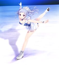  akino_subaru asymmetrical_clothes blue_leotard breasts cleavage collarbone female floating_hair flower full_body game_cg gin&#039;iro_haruka gloves grey_hair hair_flower hair_ornament highres ice_skating jewelry kisaragi_mizuha leg_up leotard long_hair medium_breasts necklace outstretched_arms ponytail purple_eyes single_glove skating solo strapless strapless_leotard white_flower white_footwear white_gloves 