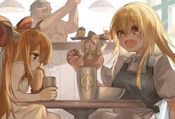  &gt;_&lt; 1boy 3girls absurdres ascot bartender black_vest bow bowl breasts brown_hair ceiling_light closed_mouth commentary_request cookie_(touhou) cup detached_sleeves dress hair_between_eyes hairbow hakurei_reimu hide_(acceed) highres horns ibuki_suika kirisame_marisa lamp long_hair looking_at_viewer manatsu_no_yo_no_inmu medium_breasts mini_person minigirl multiple_girls oerba_yun_fang okasan01 open_mouth orange_eyes orange_hair puffy_short_sleeves puffy_sleeves red_bow red_dress sakenomi_(cookie) shirt short_hair short_sleeves skin_fang sleeveless sleeveless_shirt smile sunglasses table takuya_(acceed) touhou triangle_mouth upper_body uzuki_(cookie) vest white_shirt yamin_(cookie) yellow_ascot 