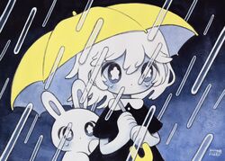  black_dress blush dated dress female grey_eyes hair_between_eyes hands_up highres holding holding_umbrella limited_palette medium_hair no_nose original rabbit rain short_sleeves signature solo umbrella upper_body white_hair yellow_umbrella zukky000 