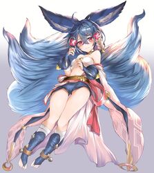  animal_ears blue_hair blush commentary_request erune female fox_ears fox_girl fox_tail granblue_fantasy hair_ornament highres large_tail leglus looking_at_viewer multiple_tails short_hair shorts solo tail you_(granblue_fantasy) 