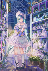  bad_id bad_pixiv_id black_footwear blue_eyes blue_hair bonnet commentary dress expressionless female flower flower_pot frilled_dress frills glass glass_ceiling glass_floor glass_wall hatsune_miku highres holding holding_flower indoors kneehighs lolita_fashion looking_at_viewer one_eye_covered plant qie shelf socks solo vase vocaloid white_dress 