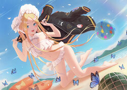  :d abigail_williams_(fate) abigail_williams_(swimsuit_foreigner)_(fate) abigail_williams_(swimsuit_foreigner)_(third_ascension)_(fate) ball barefoot beach beachball bikini black_jacket blonde_hair blue_butterfly blue_eyes blue_sky blush bow braid bug butterfly collarbone day dutch_angle fat123 fate/grand_order fate_(series) female flat_chest floating_hair food fruit full_body hairbow hat highres holding holding_clothes holding_jacket innertube jacket kneeling long_hair looking_at_viewer navel ocean outdoors parted_bangs ribbon sky smile solo summer swim_ring swimsuit very_long_hair watermelon white_bikini white_bow white_hat white_ribbon 