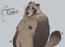  2021 anthro belly blush brown_body brown_fur canid canine double_chin english_text fur hi_res male mammal minedoo moobs navel nipples overweight overweight_anthro overweight_male raccoon_dog simple_background solo tail tail_motion tailwag tanuki text 