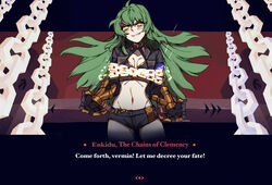  1other androgynous araimin artist_name black_jacket breasts chained chains character_name claws collarbone commentary cosplay cropped_jacket crossover english_text enkidu_(fate) evil_smile fate/strange_fake fate_(series) gauntlets green_eyes green_hair grin helltaker highres jacket judgement_(helltaker) judgement_(helltaker)_(cosplay) long_hair looking_at_viewer midriff navel parody short_shorts shorts smile solo stomach teeth yellow_eyes 