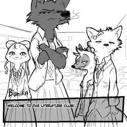  1:1 aardwolf anneke_(weaver) anthro betty_(weaver) black_and_white black_body black_fur blush canid canine canis charlie_(weaver) cheek_tuft cigarette closed_eyes clothed clothing corsac_fox dating_sim dialogue disney doki_doki_literature_club! dress english_text facial_tuft female fluffy fox fur grin group header header_box hyena lagomorph leporid mammal monochrome pack_street rabbit replytoanons shirt smile team_salvato teeth text text_header topwear true_fox tuft wolf zootopia 