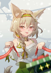  +_+ :p animal_ear_fluff animal_ears arknights bare_shoulders beanstalk_(arknights) beanstalk_(gift_uncompleted)_(arknights) bell blush box braid brown_hair closed_mouth collarbone covered_navel female gift gift_box gradient_background green_hairband green_ribbons grey_background hair_over_shoulder hair_ribbon hairband highres ling_huanxiang long_hair long_sleeves looking_at_viewer metal_crab_(arknights) motion_blur neck_bell neck_garter off-shoulder_sweater off_shoulder official_alternate_costume photobomb red_eyes ribbon single_braid smile solo star_(symbol) sweater tail tongue tongue_out upper_body white_sweater 