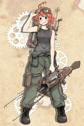  adjusting_goggles ahoge arm_at_side backpack bag bare_shoulders black_footwear black_tank_top blush bob_cut boots breasts brown_background collarbone combat_boots commentary energy_weapon female full_body gauge gears goggles goggles_on_head green-tinted_eyewear green_eyes green_jumpsuit gun hair_between_eyes hand_to_head highres holding holding_gun holding_weapon holster jumpsuit jumpsuit_around_waist leather_bag looking_at_viewer medium_breasts metal_wire original paper_texture parted_lips pouch radio_antenna red_hair rifle short_hair smile smirk solo spread_legs standing steampunk straight-on tank_top thigh_pouch tinted_eyewear tube weapon yamamoto_yuusuke_(777sevenkidgma1) 