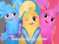  2016 3_fingers big_blue_bubble biped blonde_hair blue_background blue_body blue_eyes blue_fur blue_hair blue_lips blue_stripes blush common_hoola common_pompom common_sooza dawn_of_fire digital_drawing_(artwork) digital_media_(artwork) english_text eyebrows eyelashes female fingers flummyflumox fur fur_tuft grey_background grey_eyes group hair half-length_portrait hand_tuft happy head_tilt head_tuft hi_res hoola_(my_singing_monsters) humanoid light lighting lips looking_aside looking_at_viewer my_singing_monsters not_furry one_eye_closed open_mouth open_smile orange_lips orange_stripes pink_background pink_body pink_fur pink_hair pomily pompom_(my_singing_monsters) ponytail portrait purple_stripes raised_eyebrow raised_inner_eyebrows red_eyes red_lips shadow shy simple_background smile sooza species_name standing striped_body stripes teeth text thick_eyelashes tuft twintails wink yellow_body yellow_fur 