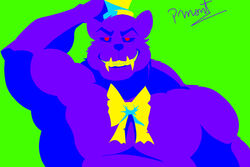  3:2 anthro barazoku bear big_muscles black_body black_fur bow_tie clothing eyebrows fangs five_nights_at_freddy&#039;s five_nights_at_freddy&#039;s_4 fur hand_on_head hat headgear headwear hi_res huge_muscles looking_at_viewer male mammal musclebear muscular muscular_anthro muscular_male nightmare_(fnaf) pecs pinumontbalou red_eyes scottgames smile smiling_at_viewer solo teeth 