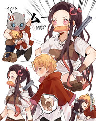  2boys agatsuma_zenitsu anger_vein armor arrow_(symbol) baguette basket black_hair blank_eyes blonde_hair boar_mask bread brown_gloves capelet chest_guard chibi collared_shirt cosplay cropped_torso cross-laced_clothes crying crying_with_eyes_open eiko_znnz emphasis_lines female fingerless_gloves food gloom_(expression) gloves gun hair_ribbon hand_on_own_hip hashibira_inosuke highres holding_hands hood hood_down hooded_capelet hug hunter_(little_red_riding_hood) hunter_(little_red_riding_hood)_(cosplay) jewelry kamado_nezuko kimetsu_no_yaiba leather leather_armor leather_gloves little_red_riding_hood little_red_riding_hood_(grimm) little_red_riding_hood_(grimm)_(cosplay) long_hair long_sleeves looking_at_another midriff mouth_hold multicolored_hair multiple_boys multiple_views necklace pants pelt picnic_basket pink_hair pink_ribbon ponytail profile red_capelet ribbon rifle shirt short_hair short_sleeves sidelocks simple_background spoken_hand straight streaked_hair tears tied_shirt tooth_necklace topless_male translation_request weapon weapon_on_back white_background white_shirt 