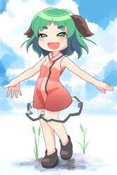  :3 adapted_costume animal_ears black_footwear blush breasts cattail commentary dog_ears dress fangs female full_body green_eyes green_hair highres kasodani_kyouko looking_at_viewer open_mouth pink_dress plant shoes short_hair sleeveless sleeveless_dress small_breasts smile solo touhou ugif 