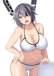  ass_visible_through_thighs bad_id bad_twitter_id bikini breasts cleavage collarbone commentary_request cowboy_shot eyepatch female gin&#039;ichi_(akacia) headgear huge_breasts kantai_collection kickboard looking_at_viewer navel official_alternate_costume purple_hair short_hair simple_background solo swimsuit tenryuu_(kancolle) tenryuu_(swimsuit_mode)_(kancolle) wet white_background white_bikini yellow_eyes 