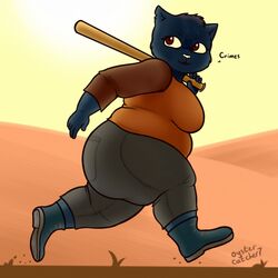  1:1 anthro ass baseball_bat bat_(object) belly big_breasts big_butt black_body black_fur black_hair bottomwear breasts clothed clothing denim denim_bottomwear denim_clothing dialogue domestic_cat felid feline felis female footwear fur hair hi_res holding_baseball_bat jeans looking_back mae_borowski mammal night_in_the_woods outside overweight overweight_anthro overweight_female oystercatcher7 pants red_eyes running shirt shoes side_view signature solo sunset text thick_thighs topwear 