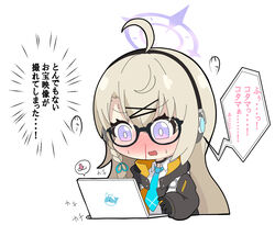  ahoge black-framed_eyewear black_choker black_gloves black_jacket blood blue_archive blue_necktie blush brown_hair chibi choker collared_shirt commentary_request computer cropped_torso female glasses gloves hair_between_eyes headphones jacket kotama_(blue_archive) laptop long_sleeves necktie nose_blush nosebleed nyaru_(nyaru_4126) open_clothes open_jacket puffy_long_sleeves puffy_sleeves purple_eyes semi-rimless_eyewear shirt simple_background sleeves_past_wrists solo translation_request under-rim_eyewear upper_body white_background white_shirt 