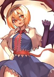  alice_margatroid blonde_hair blue_dress bois_de_justice breasts capelet collared_capelet commentary_request cookie_(touhou) cowboy_shot dies_irae dress female frilled_hairband frilled_necktie frilled_sash frills hair_between_eyes hairband hand_on_own_hip head_tilt highres hinase_(cookie) looking_to_the_side medium_breasts necktie okasan01 open_mouth red_eyes red_hairband red_necktie red_sash sash shinza_bansho_series short_hair smile solo touhou white_capelet 