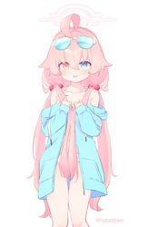  artist_name bikini blue-tinted_eyewear blue_archive blue_eyes blue_jacket blush breasts collarbone crossed_bangs drawstring eyewear_on_head feet_out_of_frame female frilled_bikini frills hair_between_eyes hair_bobbles hair_ornament halo heterochromia highres hoshino_(blue_archive) hoshino_(swimsuit)_(blue_archive) jacket long_hair looking_at_viewer low_twintails oerba_yun_fang off_shoulder official_alternate_costume parted_lips pink_hair pink_halo ruten_(onakasukusuku) skin_fang small_breasts solo sunglasses swimsuit tinted_eyewear twintails twitter_username very_long_hair white-framed_eyewear white_bikini yellow_eyes 