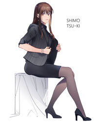  black_footwear black_skirt brown_eyes brown_hair chinese_commentary closed_mouth commentary female freckles full_body grey_jacket grey_pantyhose high_heels jacket kistina long_hair looking_at_viewer miniskirt open_clothes open_jacket pantyhose pencil_skirt psycho-pass pumps shimotsuki_mika simple_background sitting skirt sleeves_rolled_up solo straight_hair striped_clothes striped_jacket vertical-striped_clothes vertical-striped_jacket white_background 