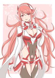  absurdres border breasts chest_jewel cleavage cleavage_cutout clothing_cutout covered_navel cowboy_shot female gloves highres large_breasts long_hair pink_background pink_hair prototype_design pyra_(xenoblade) pyra_(xenoblade)_(prototype) ryochan96154 twintails twitter_username very_long_hair white_border white_gloves xenoblade_chronicles_(series) xenoblade_chronicles_2 