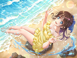  absurdres animification bare_shoulders barefoot beach blue_eyes blurry breasts cleavage double_v dress feet female frilled_dress frills highres izone k-pop legs lens_flare medium_breasts open_mouth outdoors real_life rock sitting smile solo sparkle strapless strapless_dress toes v water yabuki_nako yellow_dress yohane_yoshiko 