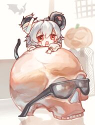  absurdres animal_ears bandaged_ear bat_(animal) commentary_request cookie_(touhou) female grey_hair halloween highres jack-o&#039;-lantern long_sleeves looking_afar manatsu_no_yo_no_inmu mini_person minigirl mouse_ears mouse_girl mouse_tail nazrin nyon_(cookie) okasan01 open_mouth partial_commentary pumpkin red_eyes shirt short_hair skull solo sunglasses tail takuya_(acceed) touhou upper_body white_shirt 