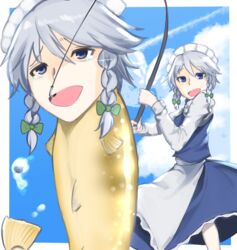  :d apron blue_eyes blue_skirt blue_sky blue_vest braid cloud commentary_request contrail contrapposto cookie_(touhou) feet_out_of_frame female fish fishing fishing_rod genpatsu_(cookie) glint grey_hair highres holding holding_fishing_rod human_head izayoi_sakuya long_sleeves maid maid_headdress medium_hair okasan01 open_mouth shirt skirt sky smile sparkle tearing_up touhou tsurikichi_obasan twin_braids vest waist_apron white_apron white_shirt 