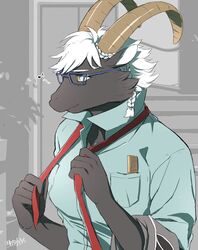  anthro black_body black_fur bovid caprine clothing dress_shirt eyewear fur glasses goat hair hi_res hijirinoyuta horn lifewonders male mammal muscular muscular_anthro necktie pecs shirt solo tanngrisnir_(tas) tokyo_afterschool_summoners topwear white_hair 