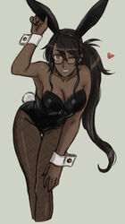  animal_ears ass_visible_through_thighs bare_shoulders bent_over breasts brown_hair cleavage collarbone commentary_request dark-skinned_female dark_skin drill_(emilio) feet_out_of_frame female glasses grey_background hair_between_eyes heart highres leotard long_hair looking_at_viewer medium_breasts myra_(drill_(emilio)) one_eye_closed original pantyhose playboy_bunny ponytail rabbit_ears rabbit_tail simple_background smile solo strapless strapless_leotard tail wrist_cuffs 