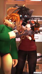  3d_(artwork) 4k 9:16 absurd_res anthro black_body black_bottomwear black_clothing black_fur black_hair black_pants blue_eyes bottomwear brown_body brown_eyes brown_fur brown_hair buckteeth canid canine cheek_tuft clothed clothing constricted_pupils detailed_background digital_media_(artwork) domestic_rabbit domibun duo facial_tuft female feral fox fur green_clothing green_sweater green_topwear hair hi_res holding_animal holly_zanzibar inside lagomorph leporid male mammal markings multicolored_body multicolored_fur open_mouth oryctolagus pants pupils rabbit red_clothing red_shirt red_topwear shirt shocked sign small_pupils source_filmmaker_(artwork) standing sweater teeth thick_thighs topwear tuft two_tone_body two_tone_fur wall_(structure) warfare_holly warfare_machine wes_(dominus) whiskers white_body white_fur white_markings 