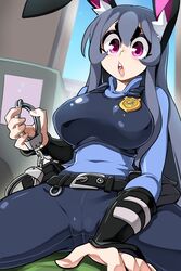  absurdres animal_ears black_pants blue_shirt bongfill breasts commentary cosplay cuffs english_commentary female grey_hair handcuffs highres holding holding_handcuffs judy_hopps judy_hopps_(cosplay) large_breasts long_hair long_sleeves looking_at_viewer open_mouth original pants police_badge purple_eyes rabbit_ears rabbit_girl shirt solo tank_(bongfill) teeth upper_teeth_only zootopia 